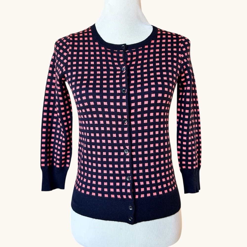 J.Crew 100% Italian Cashmere Cardigan XS Pink Navy Geometric Checkered